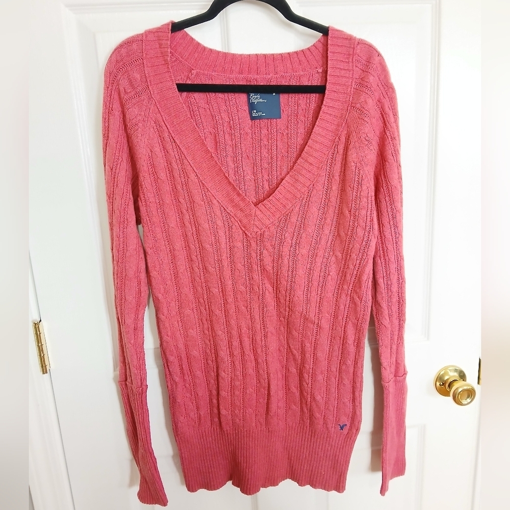 American Eagle Y2K V Neck Cable Knit Sweater Preppy Academia Cotton Large Casual - Picture 1 of 9